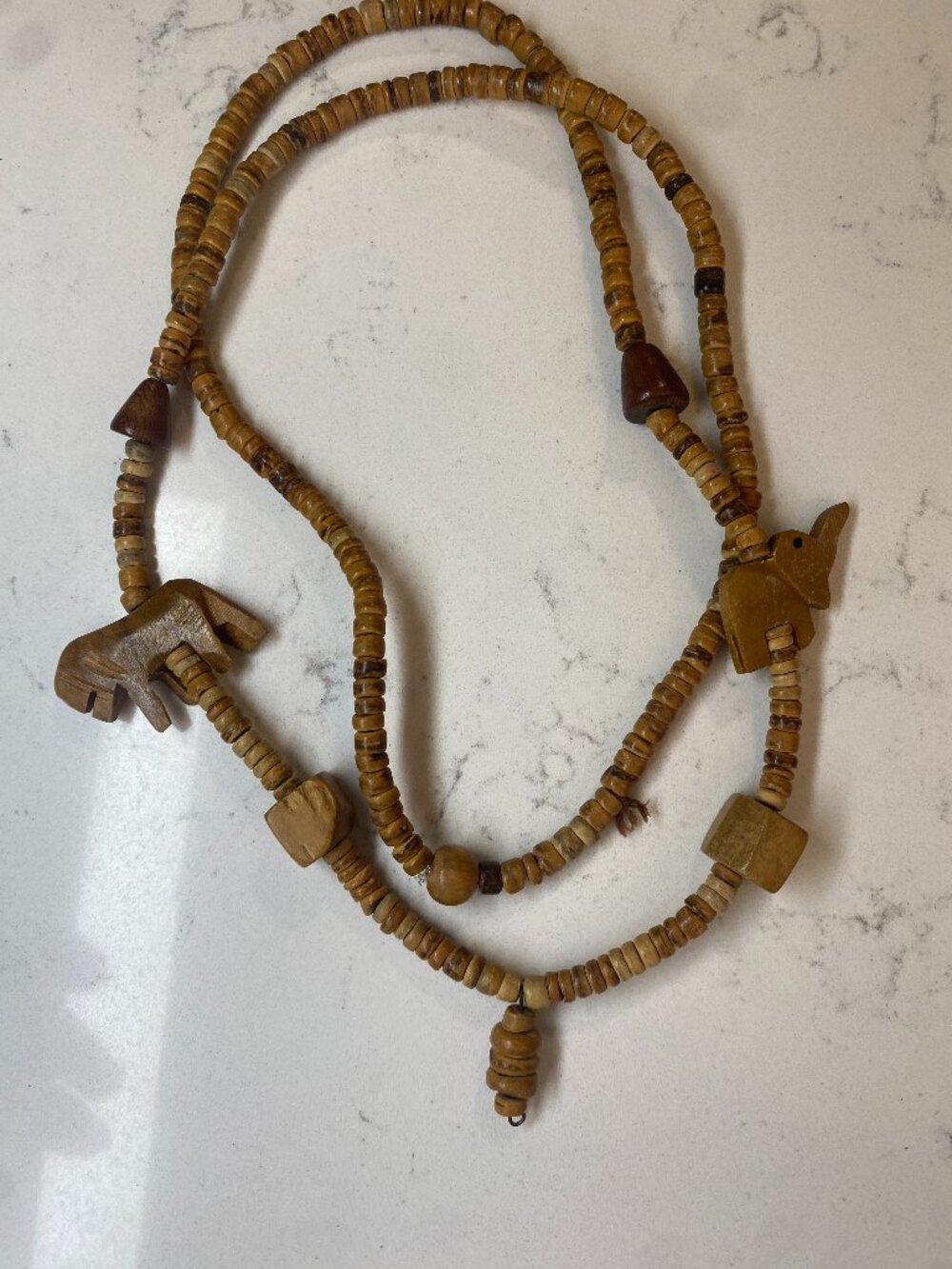 Wood Bead Necklace Carved Elephant Lion Safari Animal Long Boho Jewelry